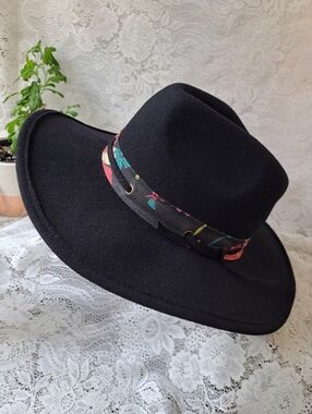 Sakroots Black Felt Western Rancher Boho Fedora Hat Floral Band Women OS New